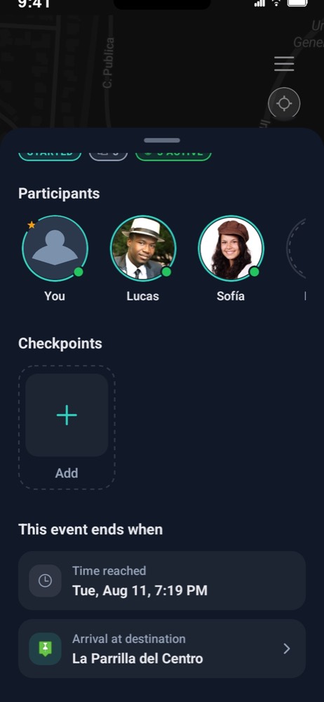 The detail screen for an event in progress